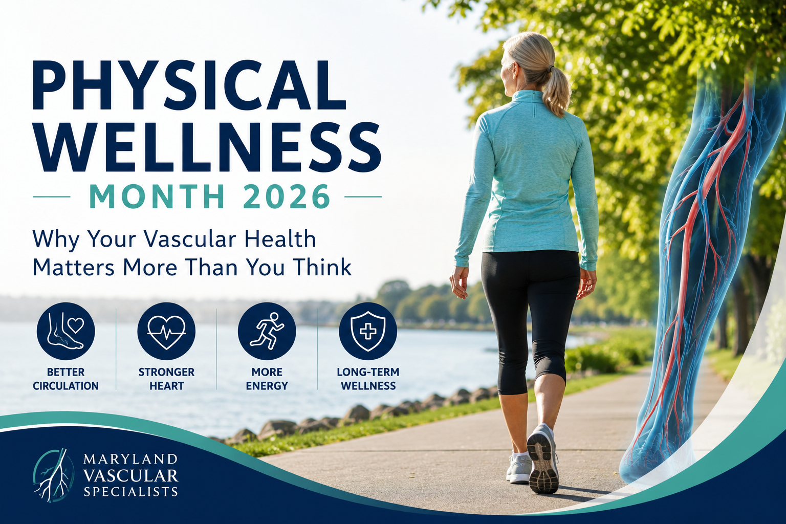 Physical Wellness Month 2026 banner featuring active adults walking outdoors with vascular health illustration and wellness messaging from Maryland Vascular Specialists.